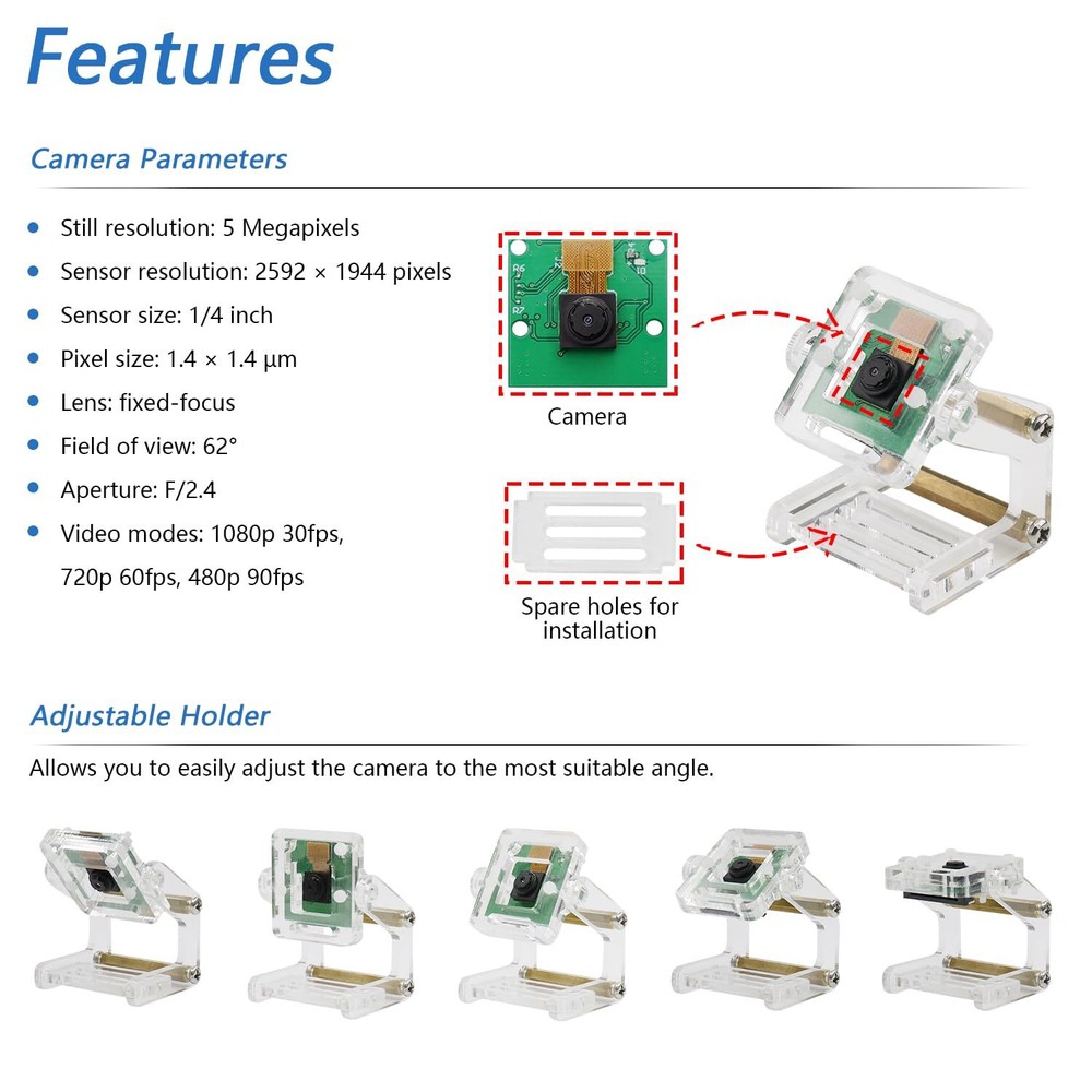 5MP Camera for Raspberry Pi with Adjustable Holder & Ribbon Cable 62° Viewing