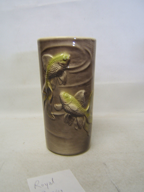 Royal Copley brown vase with lime green goldfish