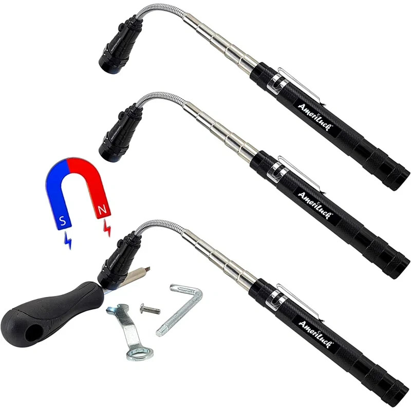 3 Pack Telescopic Pickup Tool With Led Flashlight, Extensible Rod With 360 Deg.