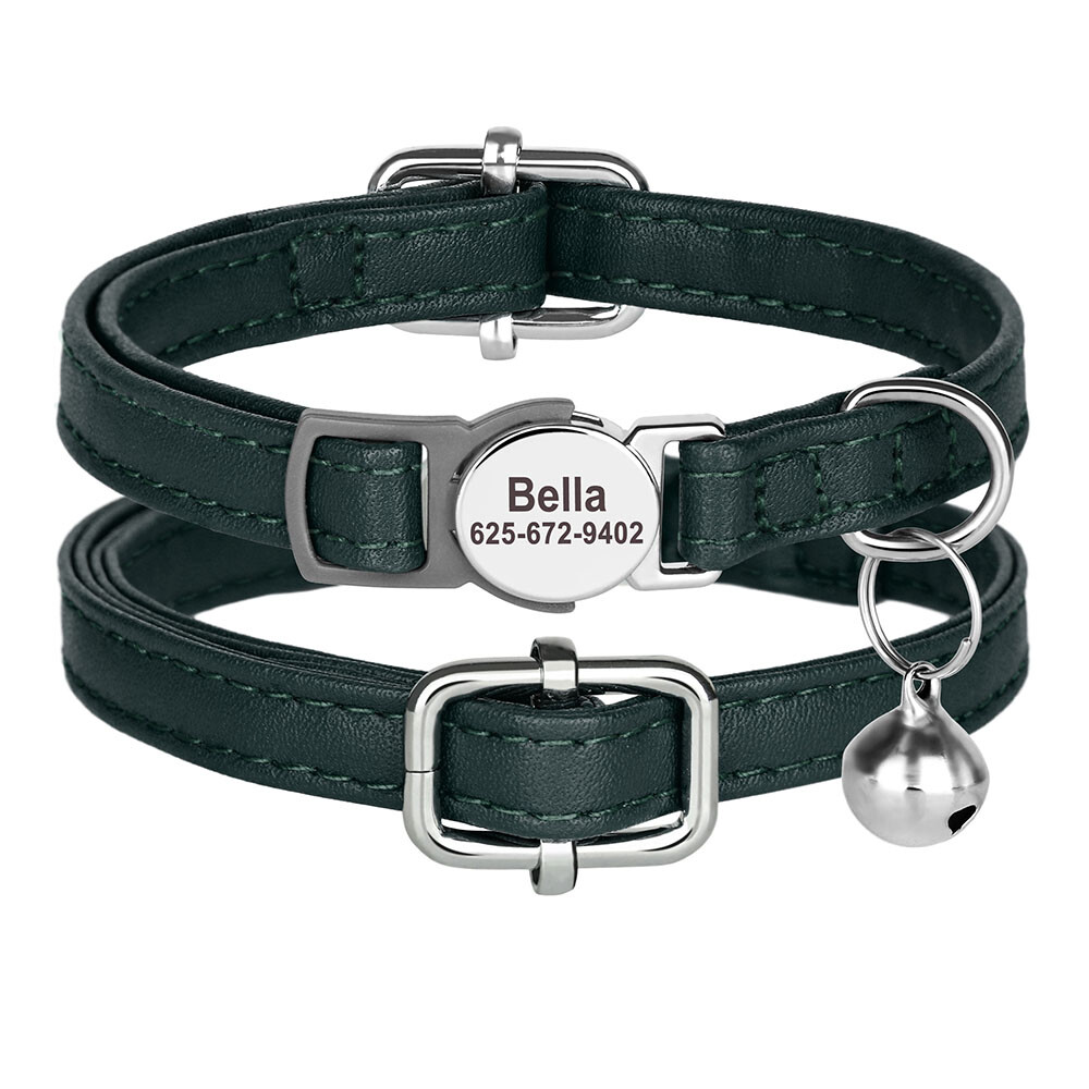 Personalized Cat Collar Puppy Kitten Engraved Name Tag Soft Leather Adjustable