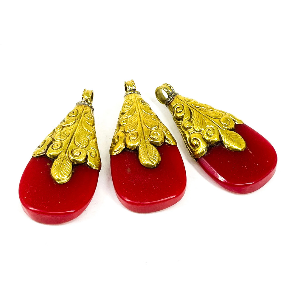 3 Red Tibetan Brass Repousse Pendants