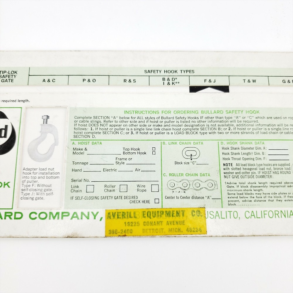 ED Bullard Safety Hook Selector Specifications Diagram Construction Industrial