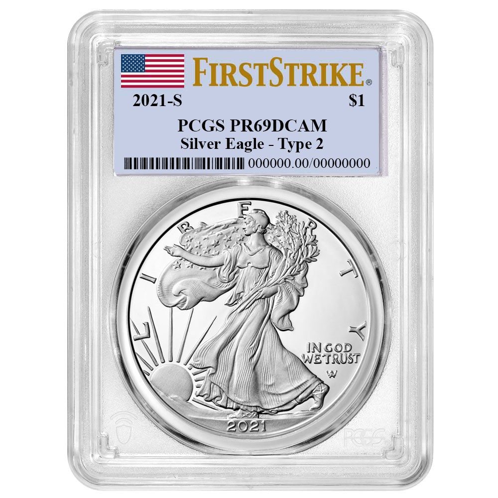 2021-S Proof $1 Type 2 American Silver Eagle PCGS PR69DCAM FS Flag Label