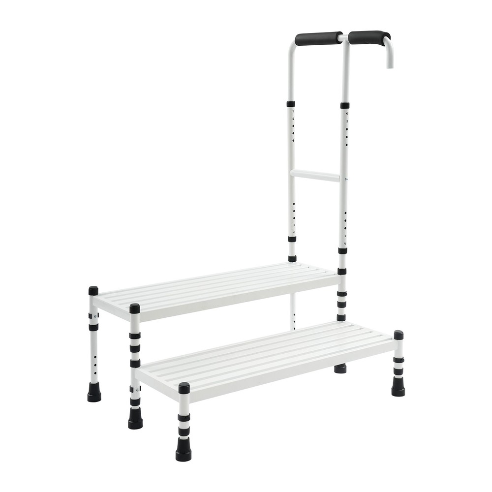 2-Step Stool with Handle, Floor Standing Metal Stepping Stool, White Step Stool