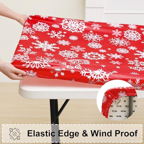 Rectangle Vinyl Tablecloth, Fitted 96" x 30" (Rectangular) Christmas Red