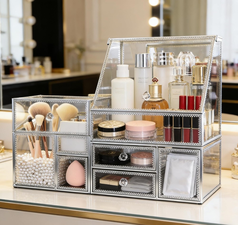 Hersoo Glass Makeup Organizer for Vanity/Stackable 2Pieces Drawer S... Fast Ship