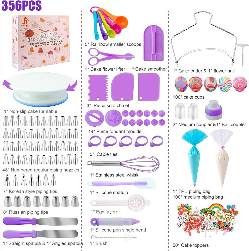 Cake Decorating Supplies Kit Tools 356pcs Baking Accessories with Cake Turnt...