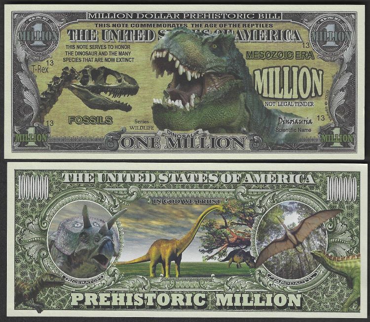 Dinosaur Prehistoric Million Dollar Novelty Bill - Lot of 2 Bills