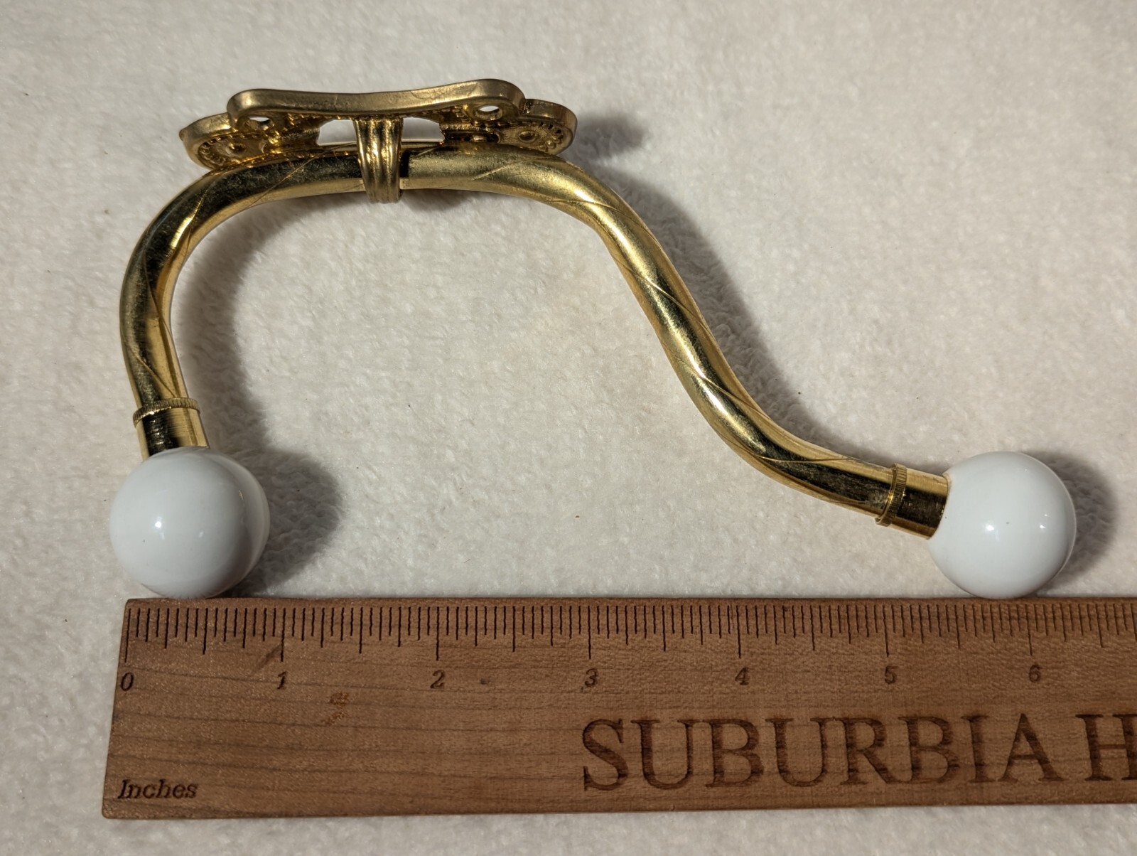 Vintage Brass Porcelain Knob Wall Mount Double Towel Hanger Coat Hooks NOS