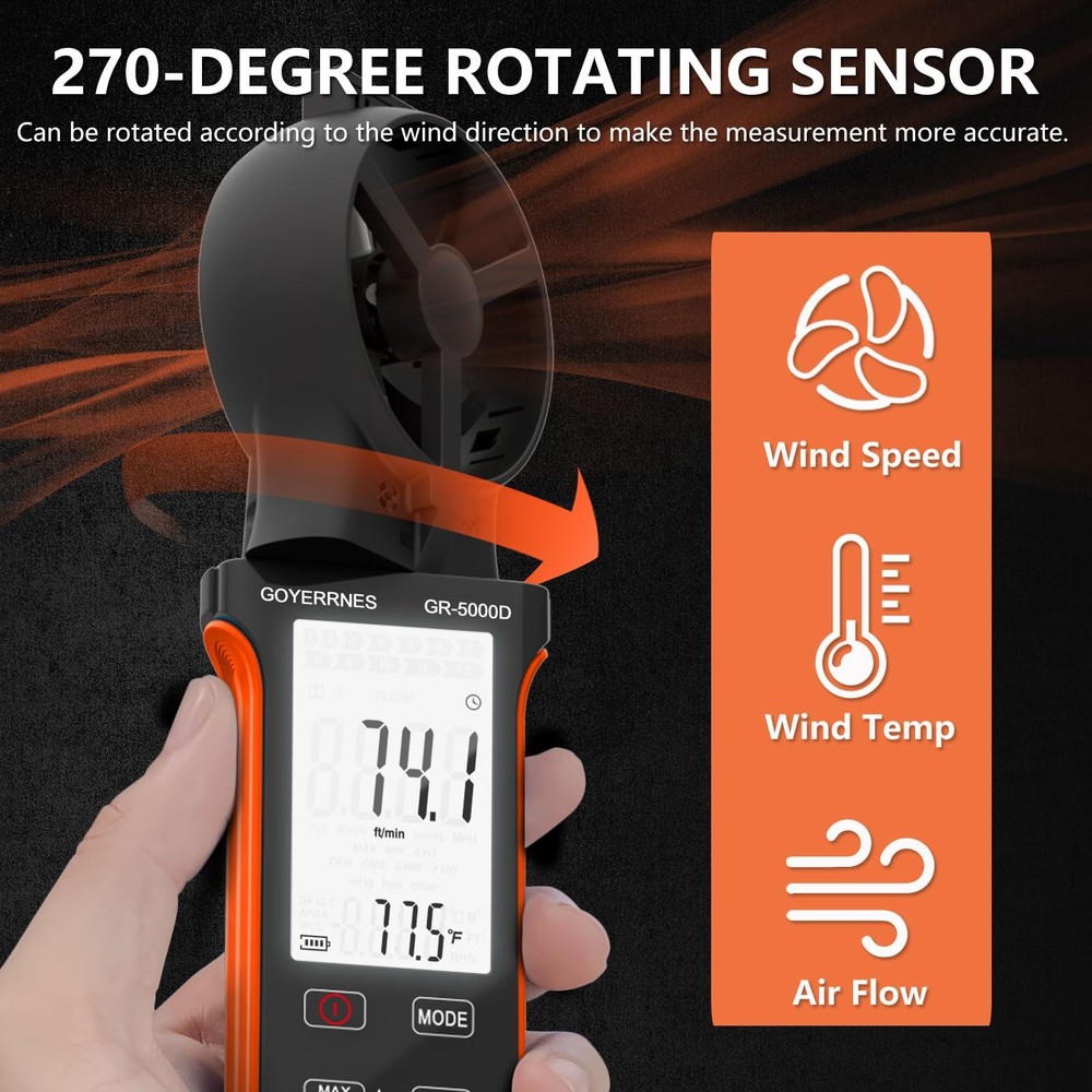 Air Flow & Wind Speed Meter, Handheld CFM Anemometer with Waterproof Touch Bu...
