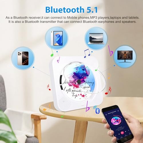 CD Player Portable, Bluetooth CD Players for Home with Remote Control White