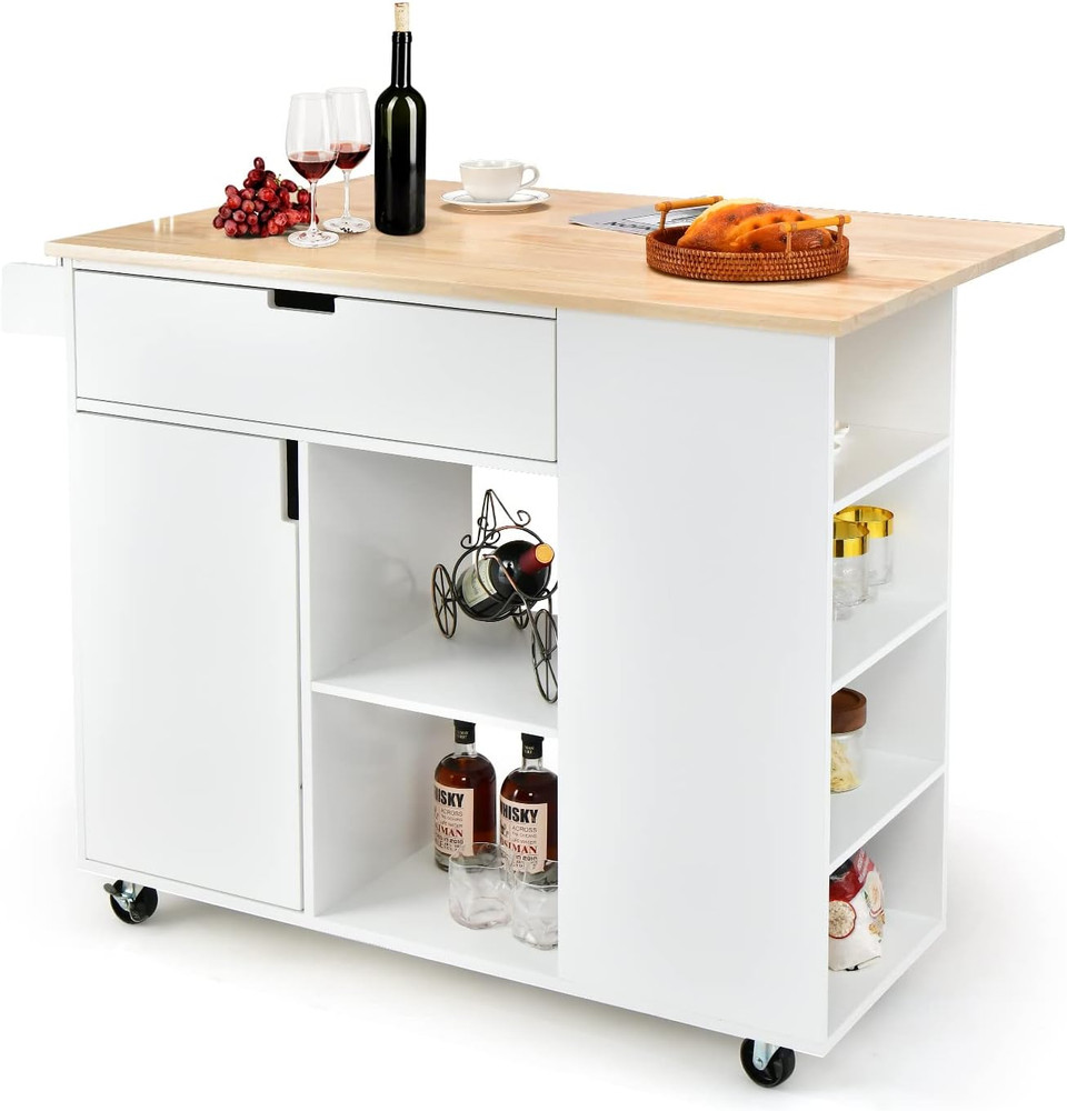 White Kitchen Island Cart with Drop-Leaf, Shelves & Rolling Wheels