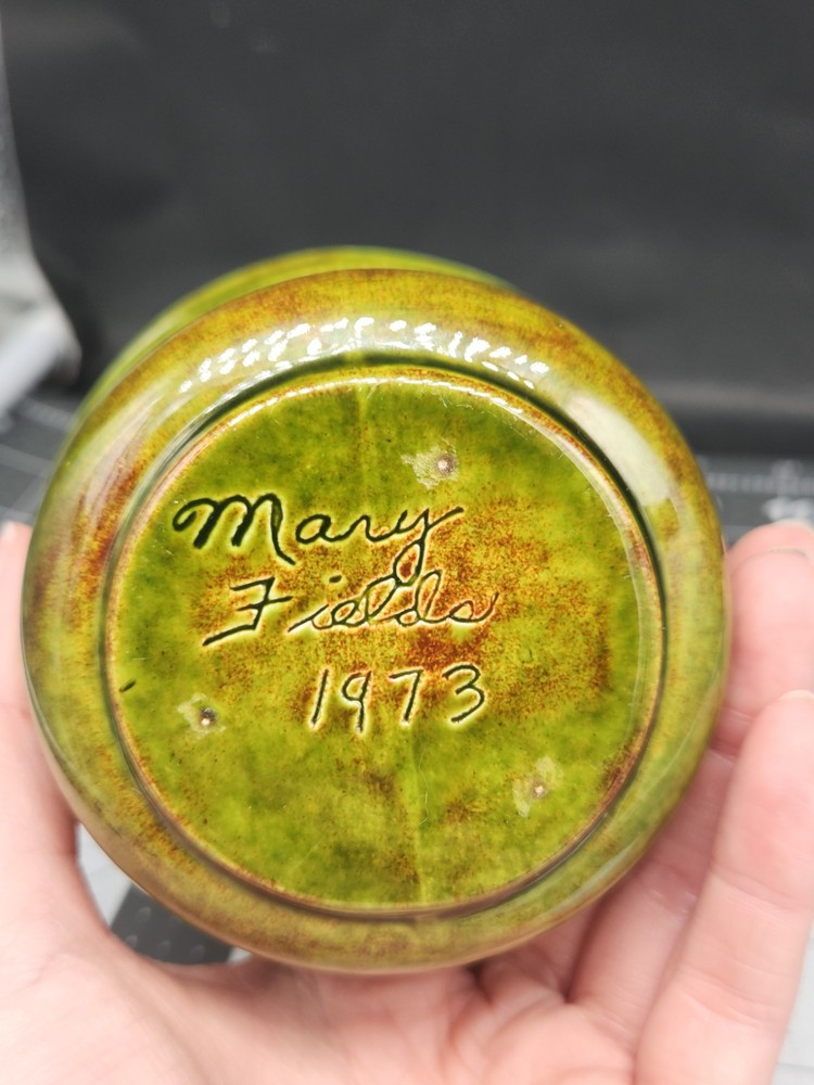 MCM Small Glass Spitoon Shaped Planter, Signed By Mary Fields 1973