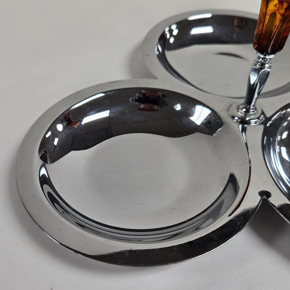 MCM Bakelite ~ Brown Marbled Handle ~ Chrome 3 Section Candy Trinket Dish