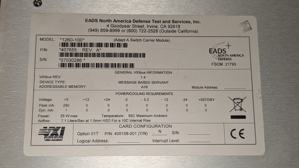 RACAL 1260-100 Switch Carrier VXI Module Relay Driver Plug-in & Disk/Accessories