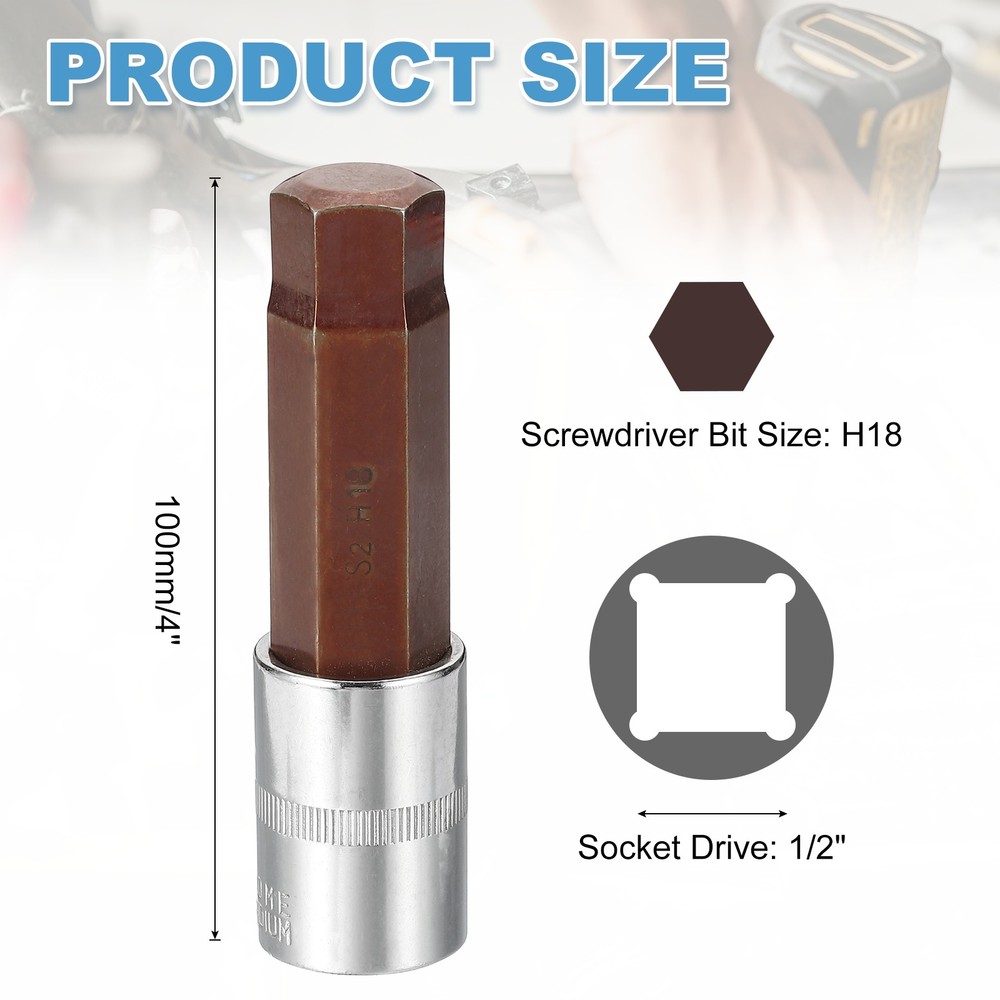 Hex Bit Socket H18 1/2" Drive 4" Length S2 Steel Long Bit CR-V Socket