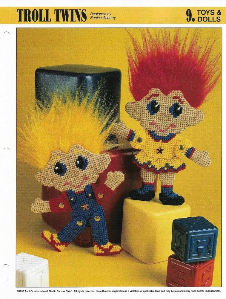 NEW 2 TROLL TWINS DOLLS ANNIE'S PLASTIC CANVAS PATTERN INSTRUCTIONS