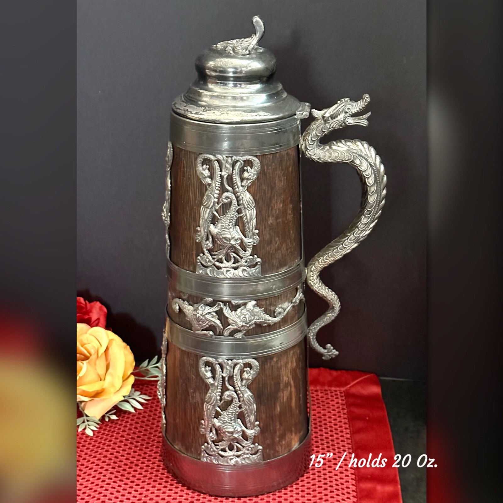 Antique Tankard St Louis Silver Co. Pat 1905 Gargoyles Dragons 15" Silver Plate