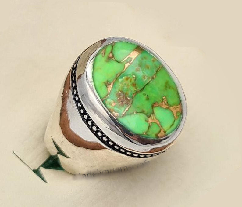 Solid 925 Sterling Silver Natural Green Copper Turquoise Gemstone Men's Ring