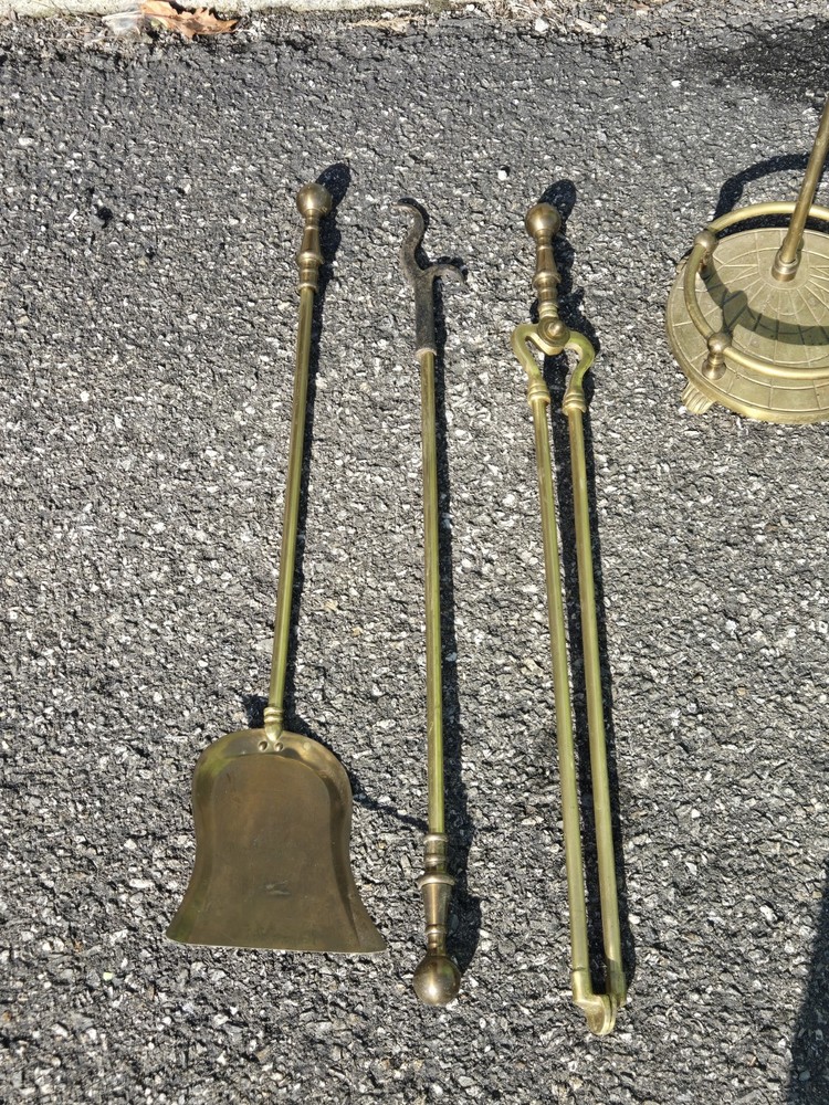 Vintage Solid Brass Fireplace 3 Tools with Stand Set 4x PIECE Round Claw Footed