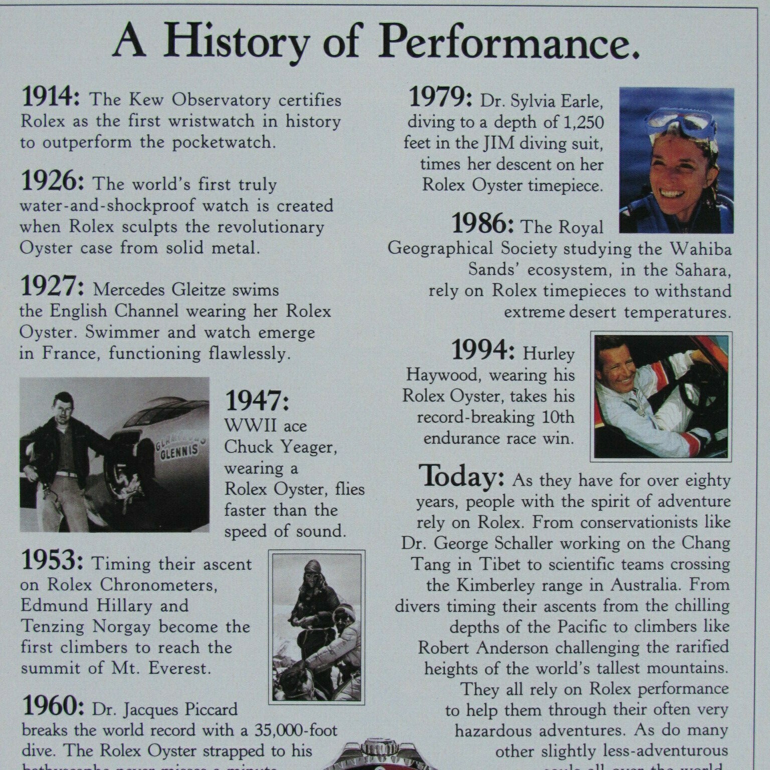 1996 Rolex Chuck Yeagar Hurley Haywood Vintage Original Print Ad 8.5 x 11"