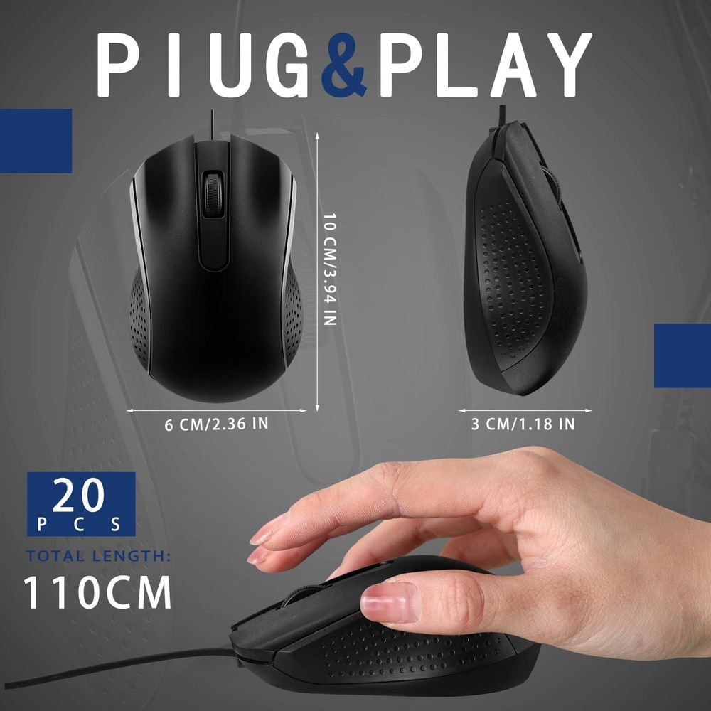 20 Pcs Wired USB Computer Mouse Bulk 3-Button Corded Wired Mouse for Laptop D...