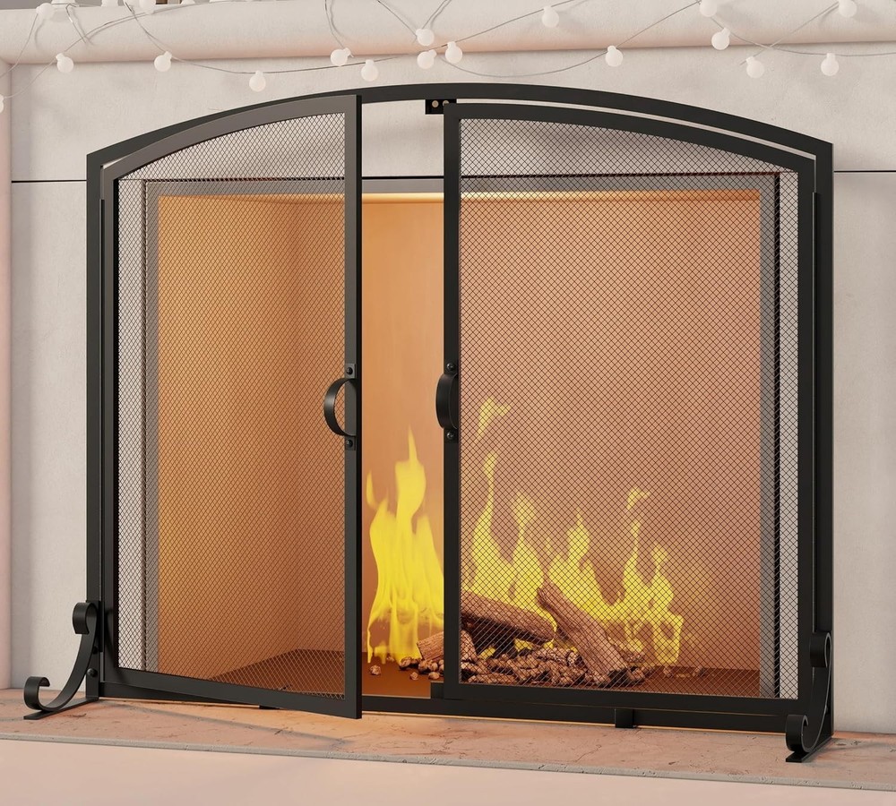 Fire Beauty 2-Pannel Fireplace Screen with Doors, Handcrafted Solid Mesh,Stable