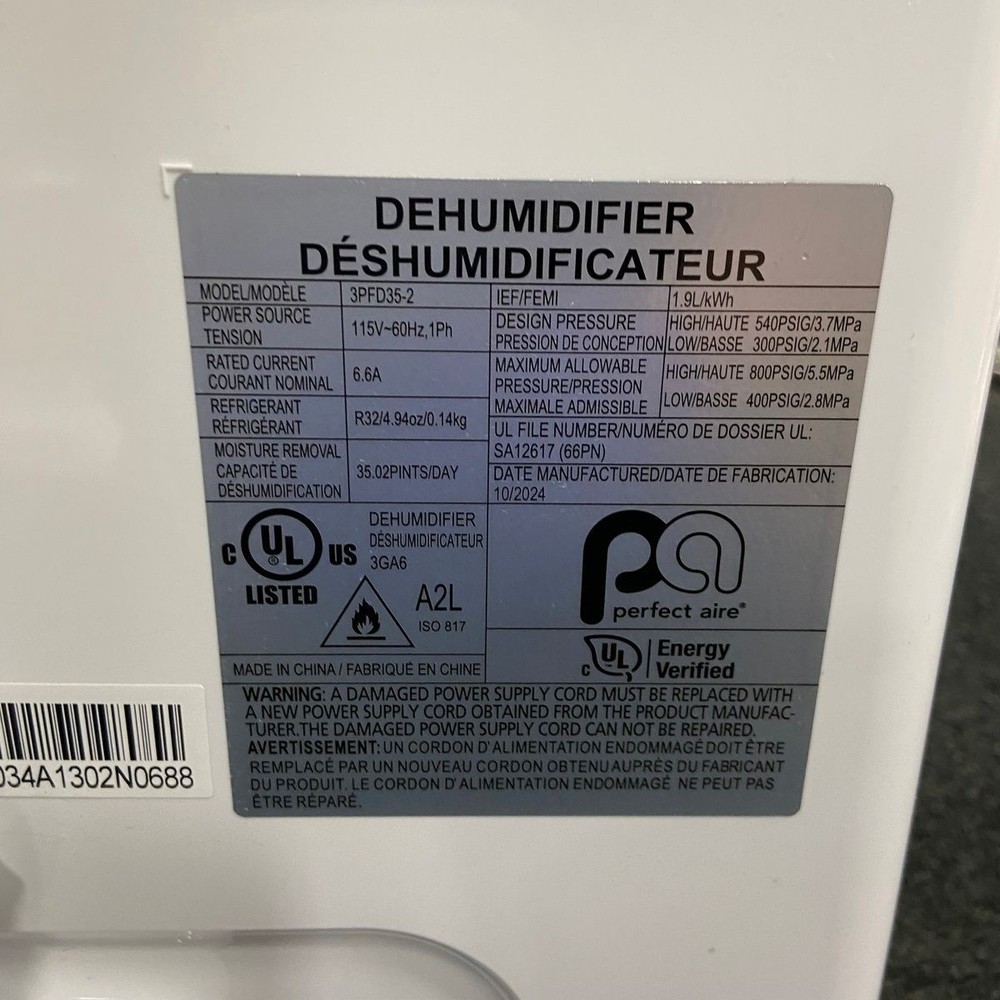 PERFECT AIRE 35Pt Dehumidifier 3PFD35-2*