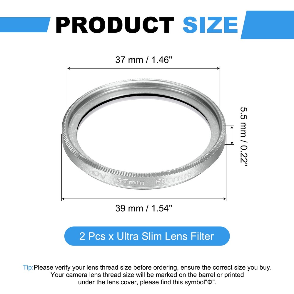 2Pcs 37mm Ultra Slim Lens Filter Multi Coating Camera Len Filter, Silver