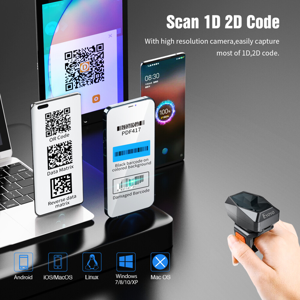 5PCS Mini Finger Barcode Scanner Wireless 2D Wearable Ring Scanner for PC Phone