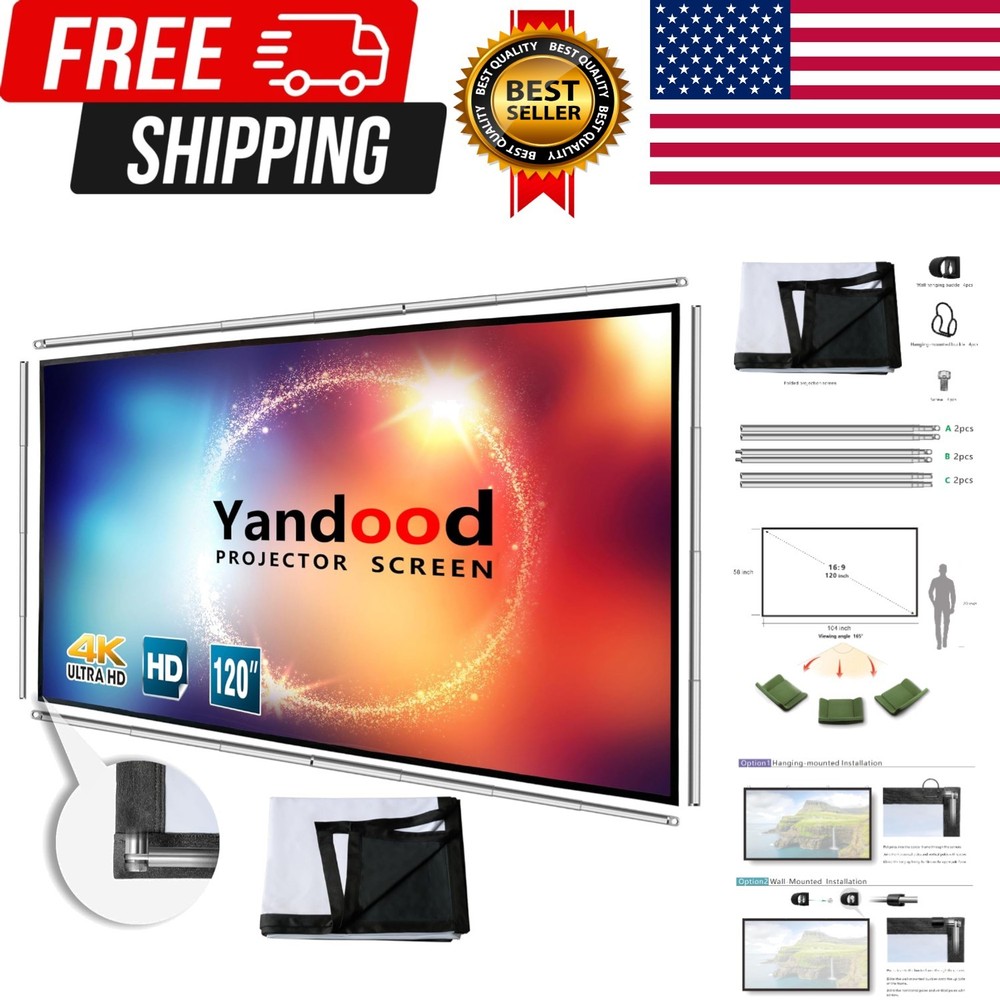 Portable Projector Screen with Combined Pole Frame Black Backing Silver Folda...