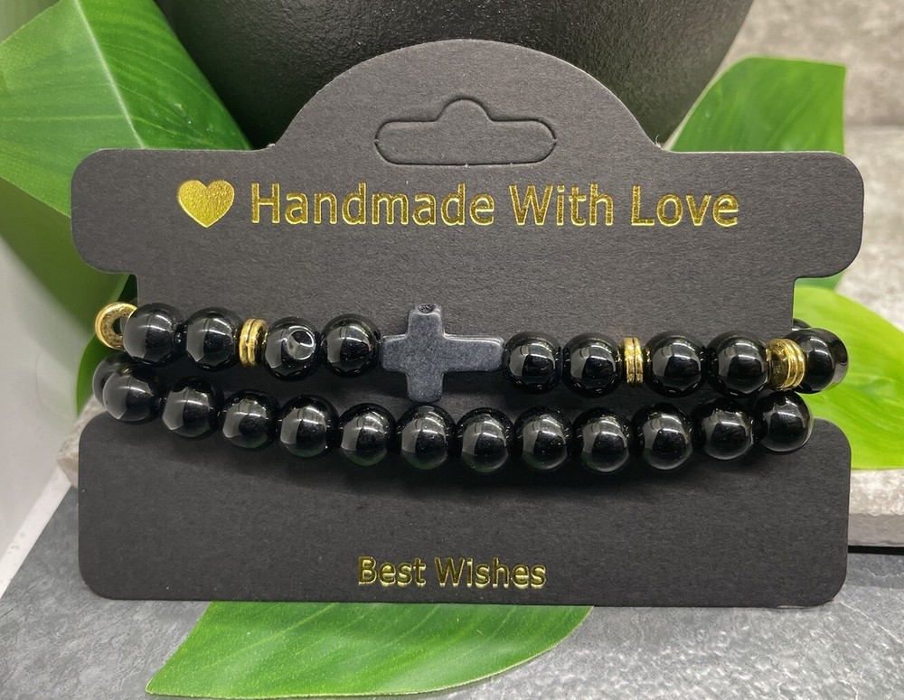 2 PC Handmade Beaded Stackable 6.5” Plus Stretch Bracelet Set Cross New B3706