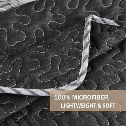 Quilt Set Queen Full Size 3 Pcs, Grey & Black Gray White Patchwork Stripe
