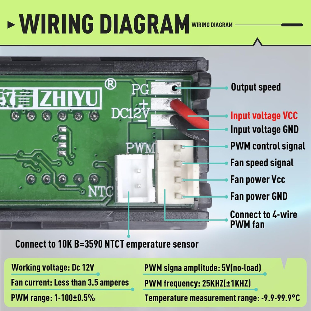 4-Wire PWM Fan Temperature Controller (12V 3A) Fan Speed Controller with 1 Black
