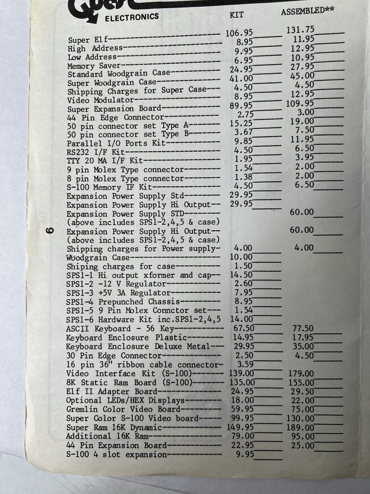 Quest Super ELF 1802 Expendable Micro Computer Accessories Catalog W Discription