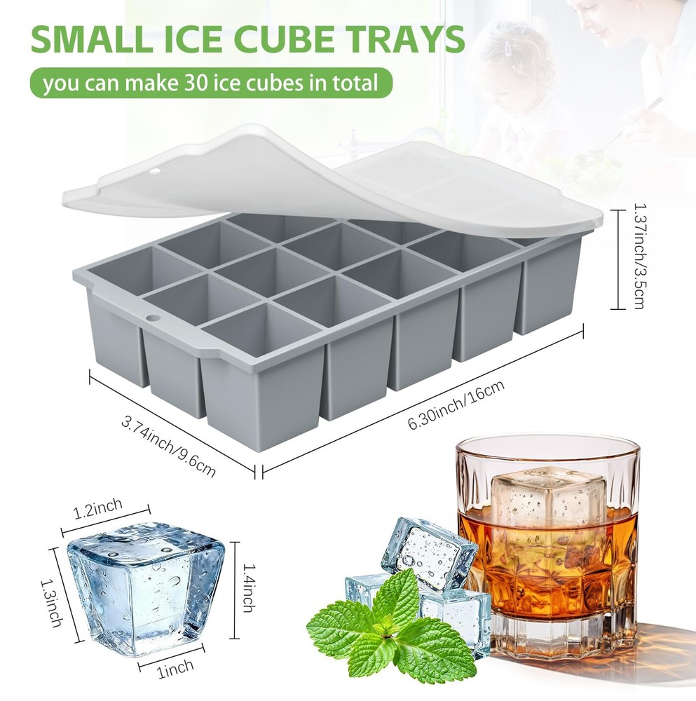 MEIJO Silicone Ice Cube Tray with Locks Lids, Easy Release Medium, Gray