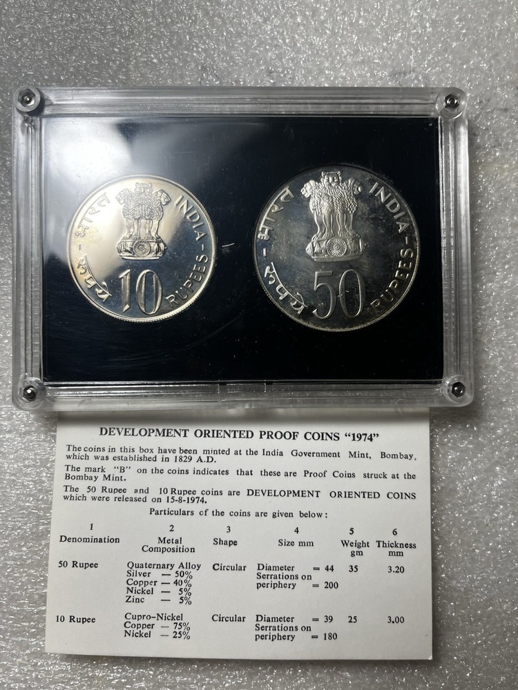 1974 India Development Oriented Proof Silver 2 Pc 50 & 10 Rupee Coins Set +Box