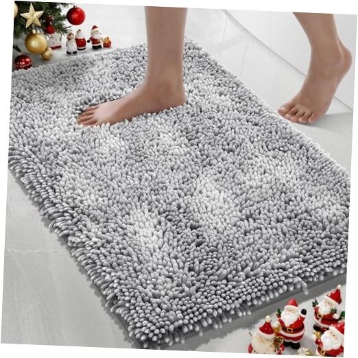 Chenille Bathroom Rugs Non Slip, Extra Solid 24" x 17" Rectangular Light Grey