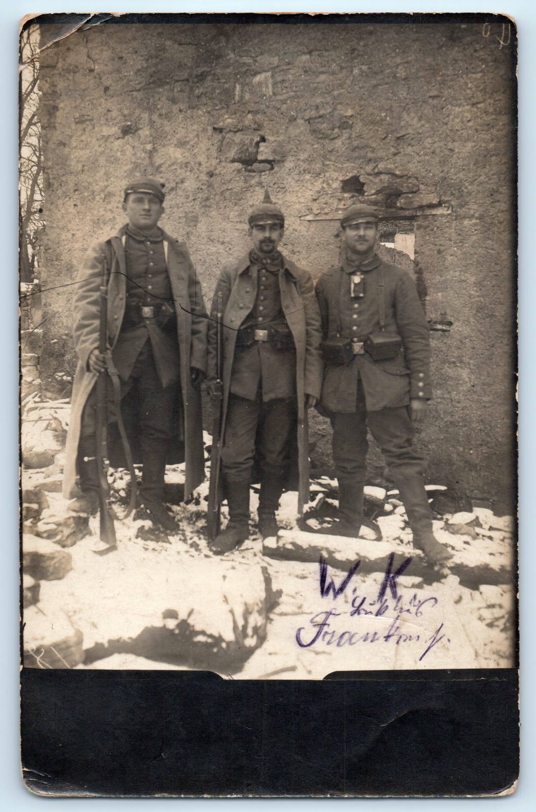 WWI German Soldiers Picklehaube Helmet Rifle Trench Coat Real Photo Postcard