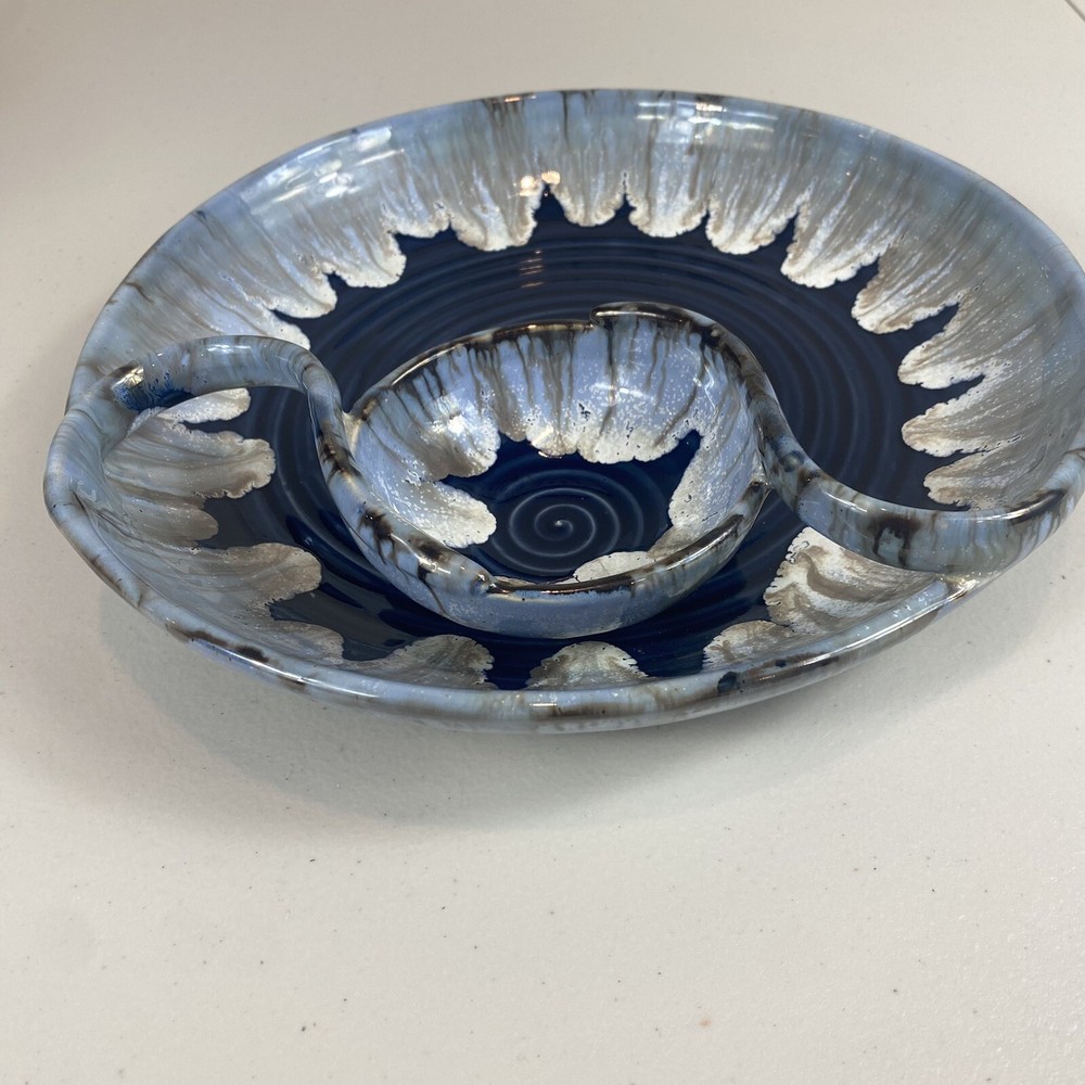 Ceramic Chip and Dip Platter Unique Blue Pottery Serving Dish