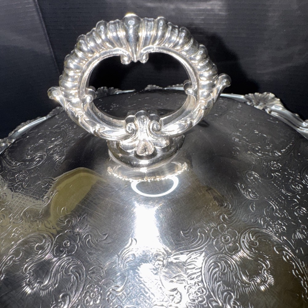 Silver- plated covered,divided dish insert (mid‑century, Rococo style)