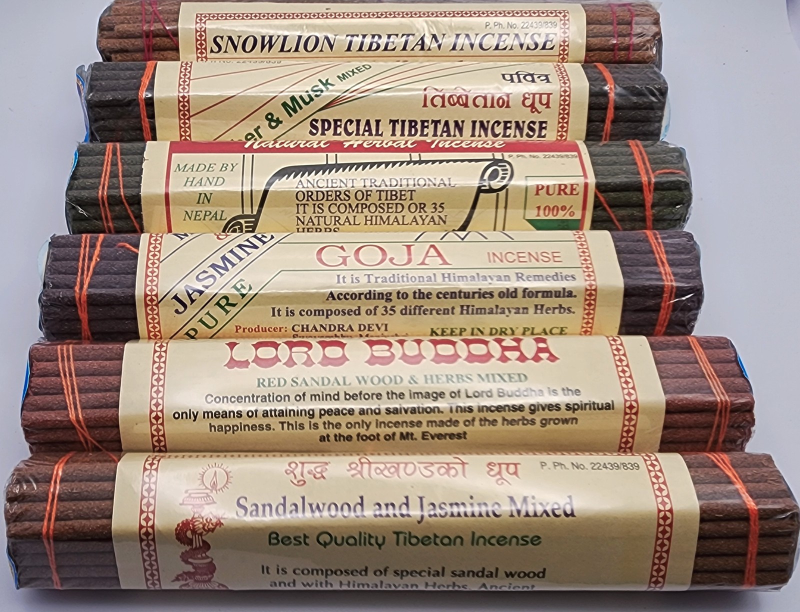 Tibetan Incense Bundle, by Chandra Devi-6 packs:Jasmine & Sandalwood, Natural,