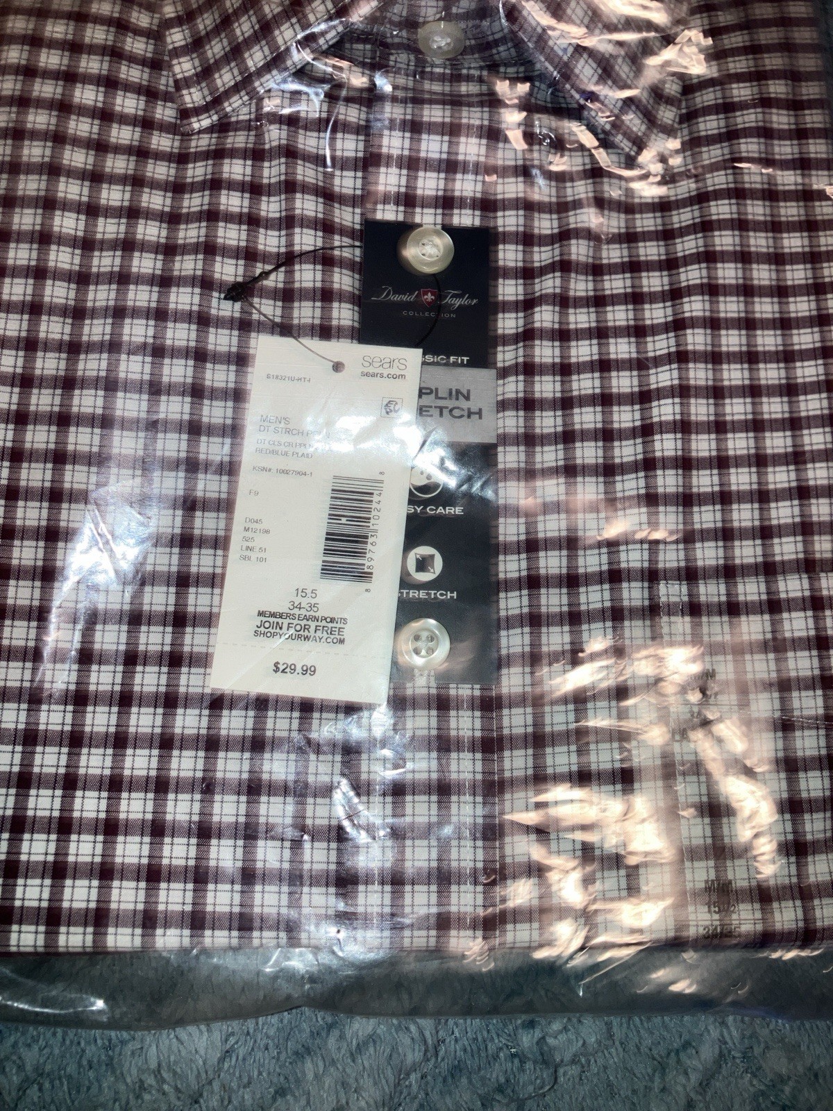 DAVID TAYLOR MAROON DRESS SHIRT PLAID CHECKERED LONG SLEEVE 15.5 34/35 NEW