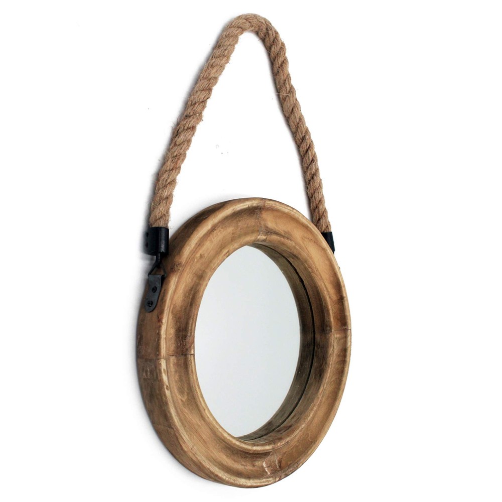 Rustic Round Decorative Mirror with Solid Wood Frame&Rope Hanging,Farmhouse A...