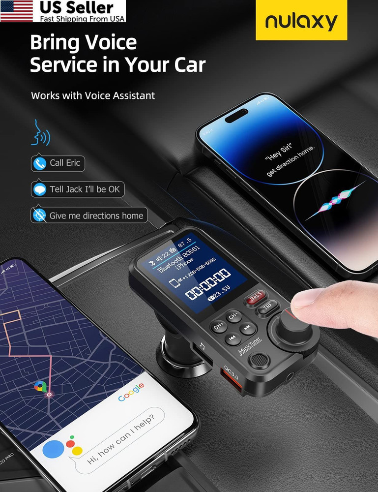 Nulaxy KM30 Bluetooth Car Adapter, FM Transmitter with 1.8" Small, Black