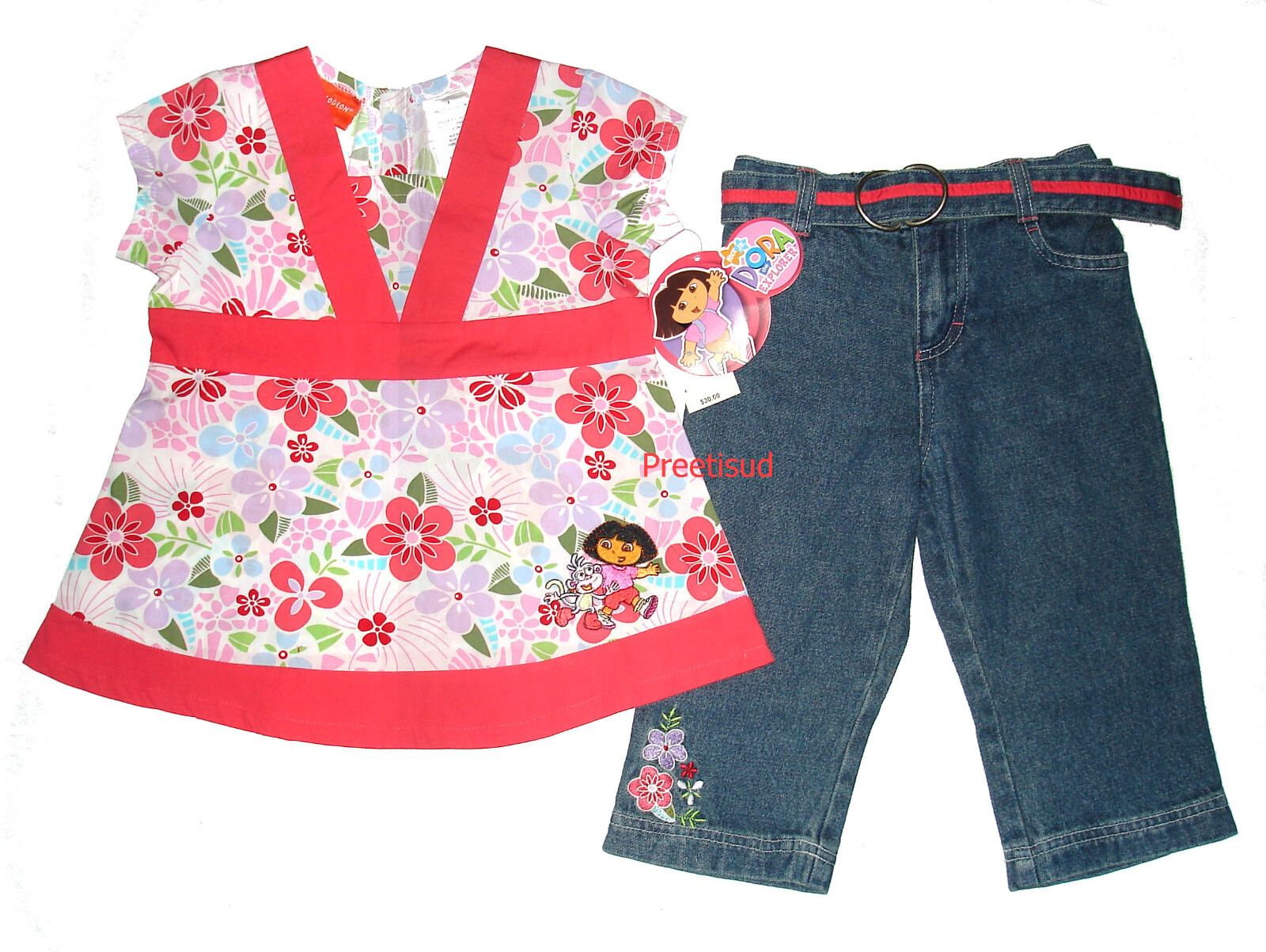 DORA THE EXPLORER ~SPRING FLORAL DENIM CAPRI SET~ GIRLS SZ 6