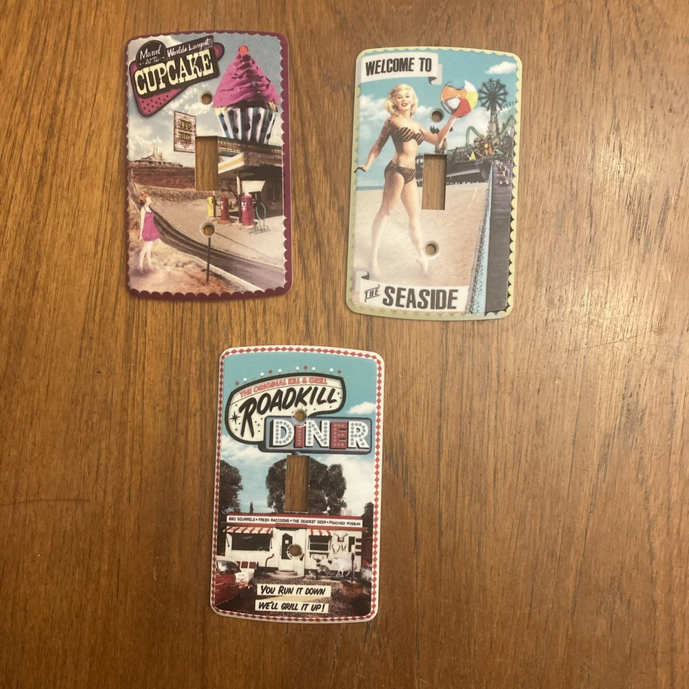 3 Retro Scene Switch plate Covers. Roadkill Diner, Seaside, Cupcake