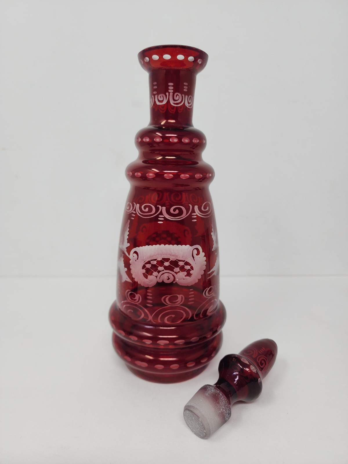Set Of Egermann Bohemian Ruby Red Glass Decantor With Stopper & 6 Glasses