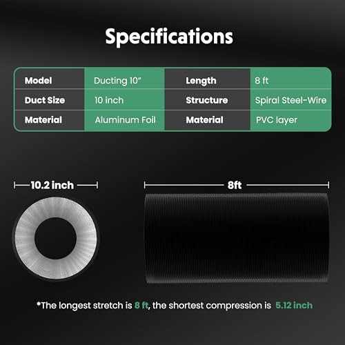 10 Inch 8 FT Aluminum Flexible Duct with Four Layers of Protection, for Heating