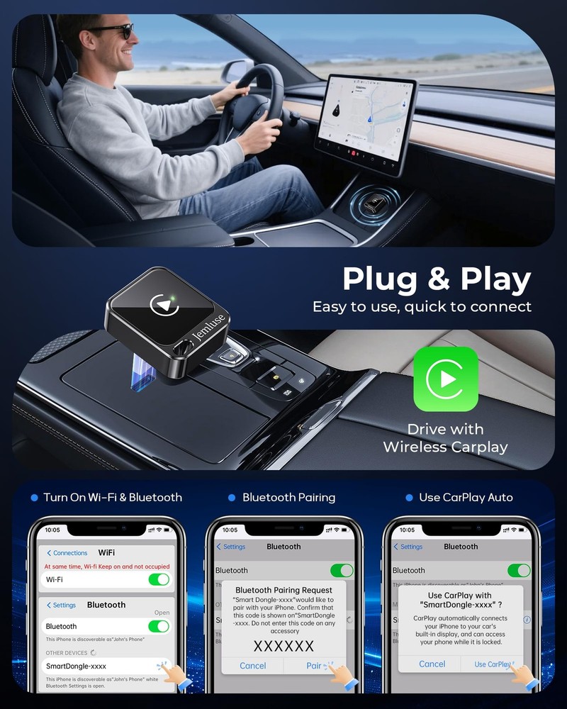 Jemluse Wireless CarPlay Adapter for Apple - Mini Size, Fast Stable Connectio...